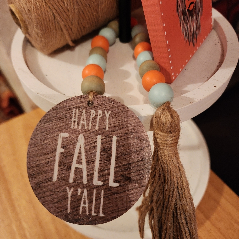Wood Bead Garland with tassels Hello Fall for tier tray or hanger